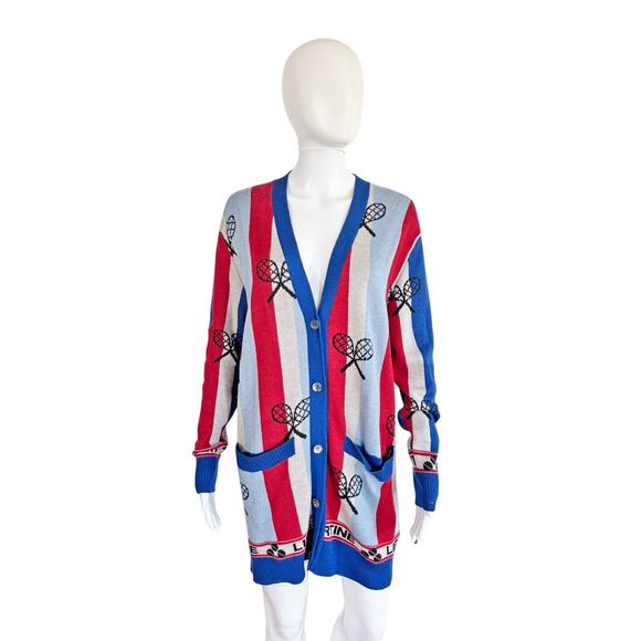 LIBERTINE STARLIGHT TENNIS STRIPES OVERSIZED CASHMERE SILK CARDIGAN - Picture 1 of 9
